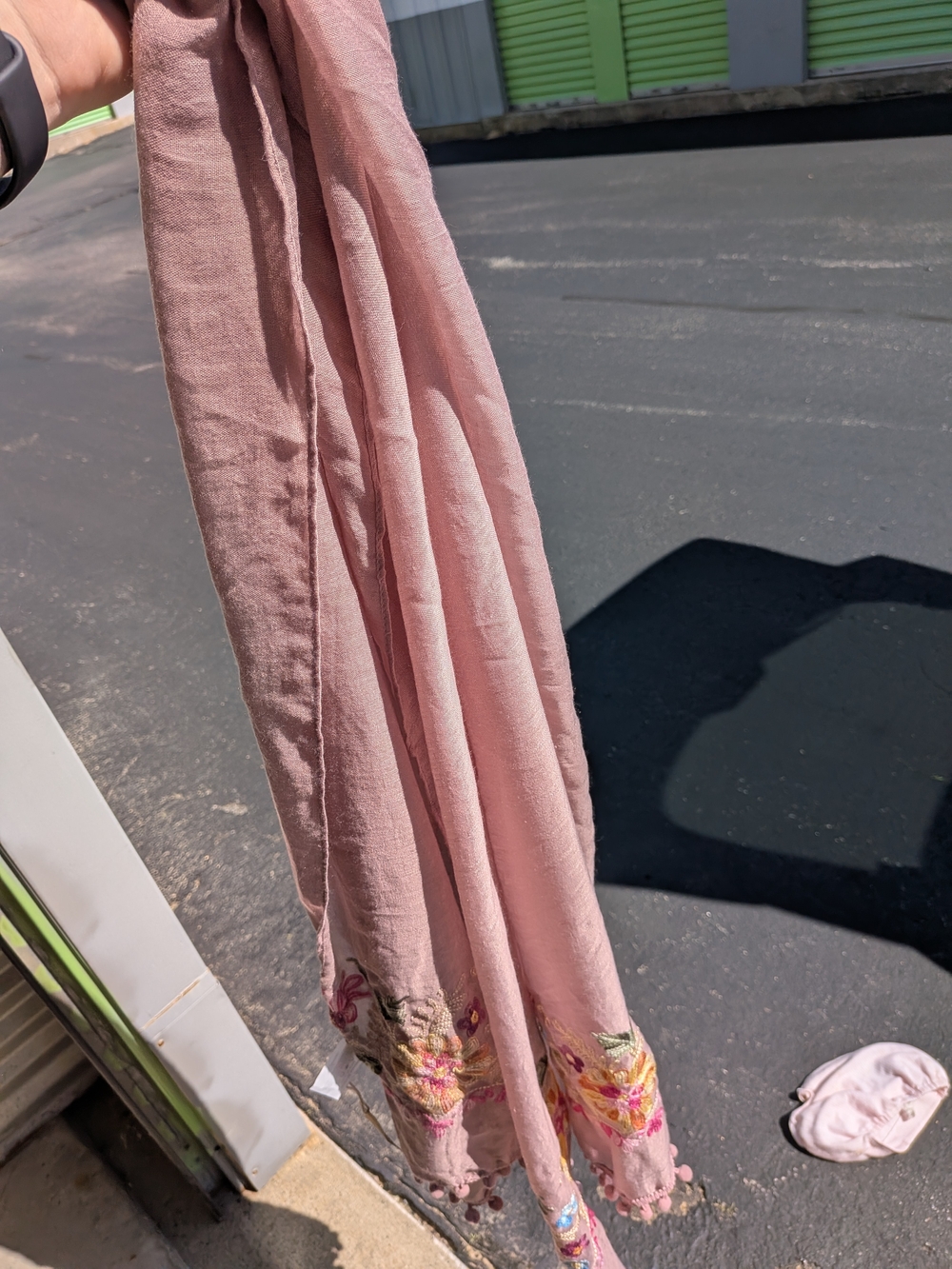 Natural Life Embroidered Floral Scarf Dusty Rose Mauve Pom Pom Trim NWT
